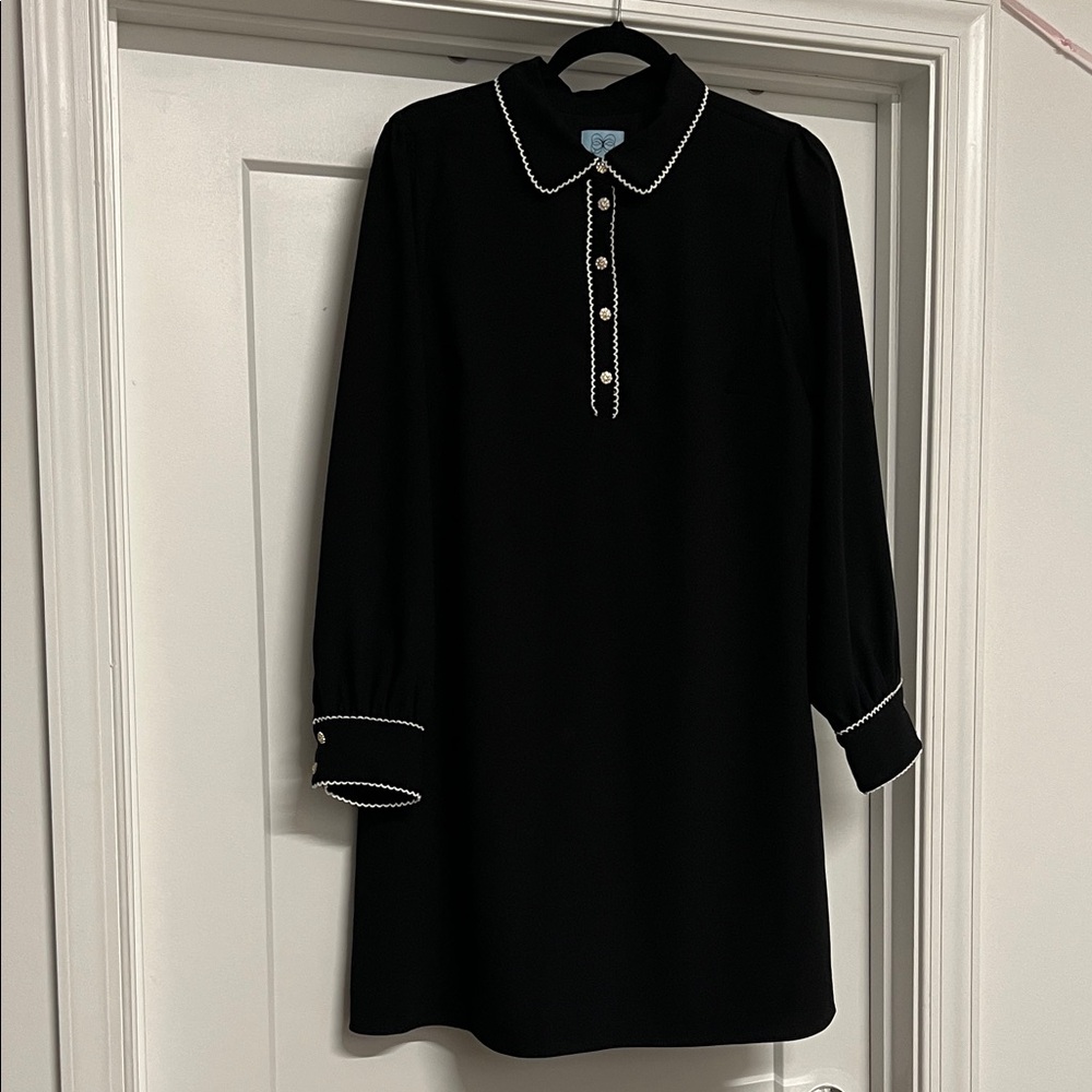 CeCe Black Dress with White Scalloped Trim and Rhinestone Buttons